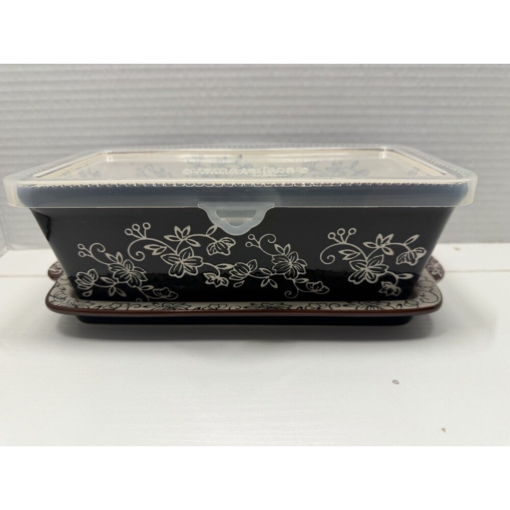 3 Pc TEMP-TATIONS Floral Lace 1 Quart Loaf Bakeware w/Lid & Hotplate